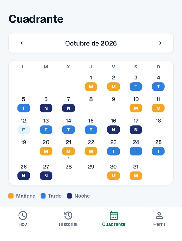 El cuadrante del mes en la app del trabajador.